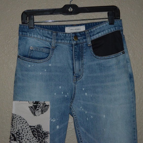NWOT $450 Sz 4 Hellessy Leopard Patchwork Blue Denim Ankle Jeans - Picture 3 of 7